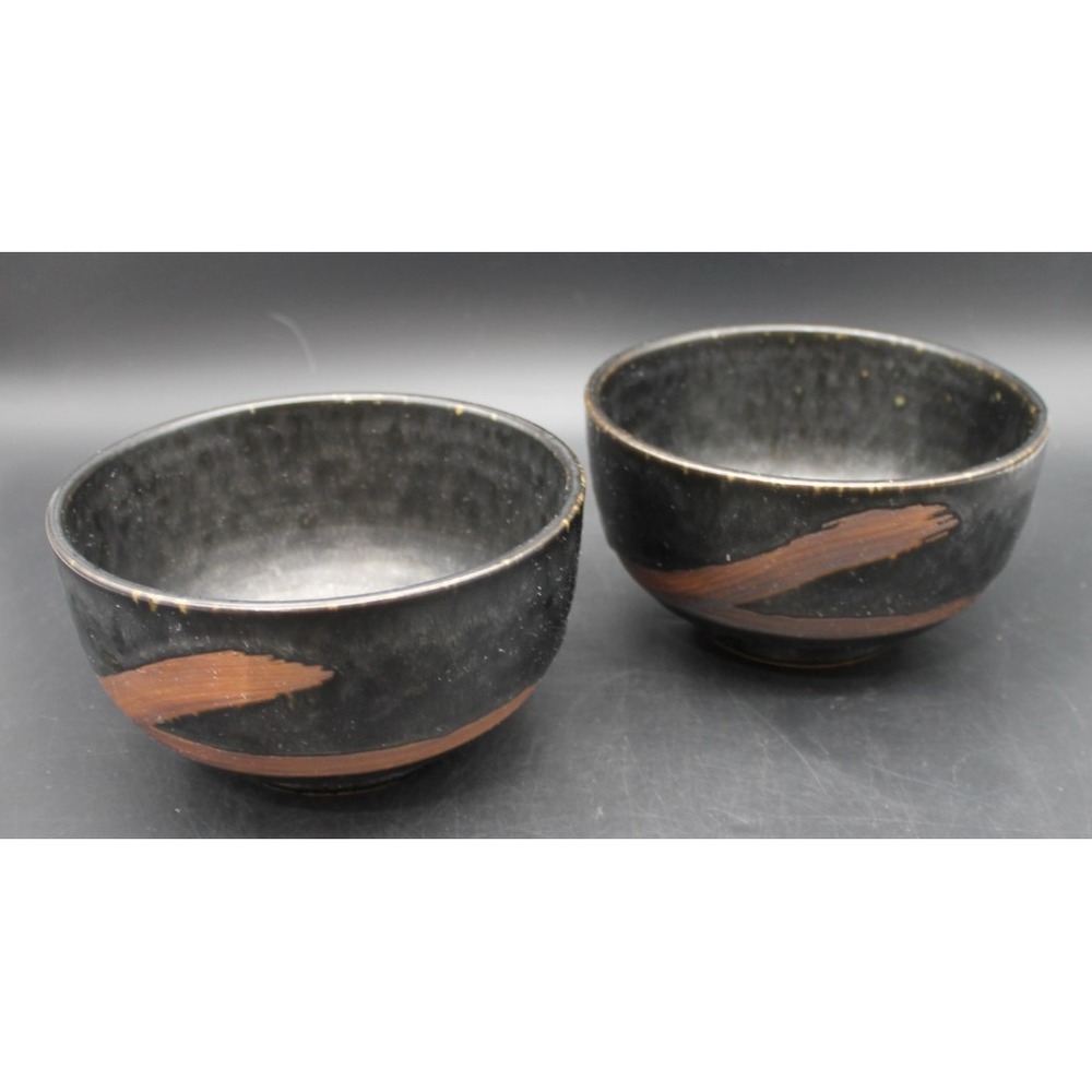 Set of 2 Black Tenmoku Style Stoneware Bowls Orange Brushstroke Studio Pottery